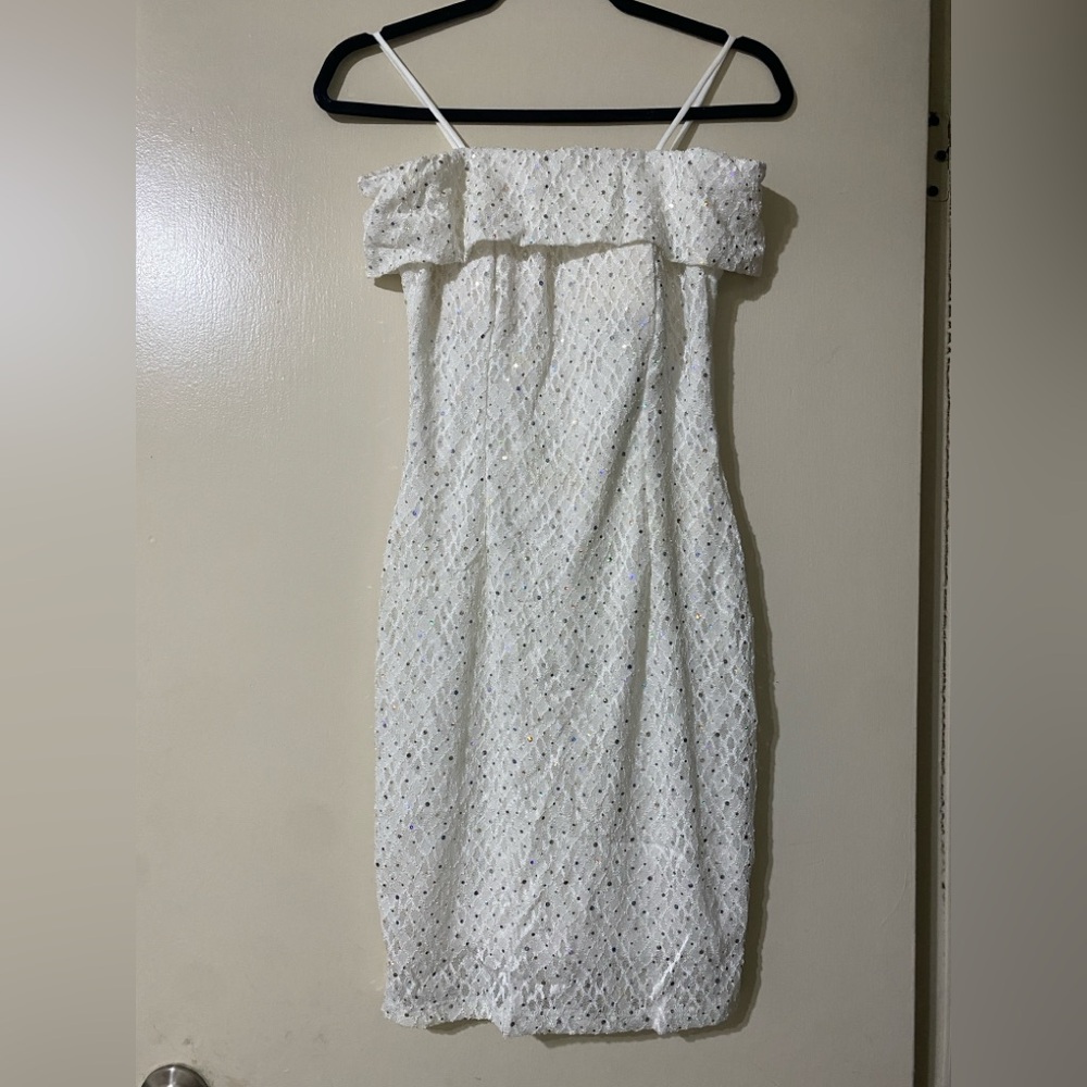 Sugar Off the Shoulders White Dress with Subtle Sparkle